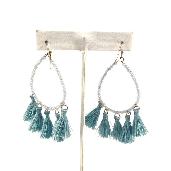 Teal Tassel Beaded Hoop Earrings With Gold Hooks Long Bohemian Statement Jewelry - Picture 6 of 8